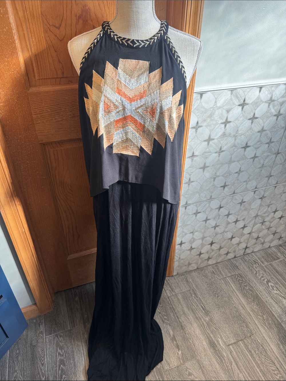 Black Maxi Dress with Geometric Metallic Halter Top